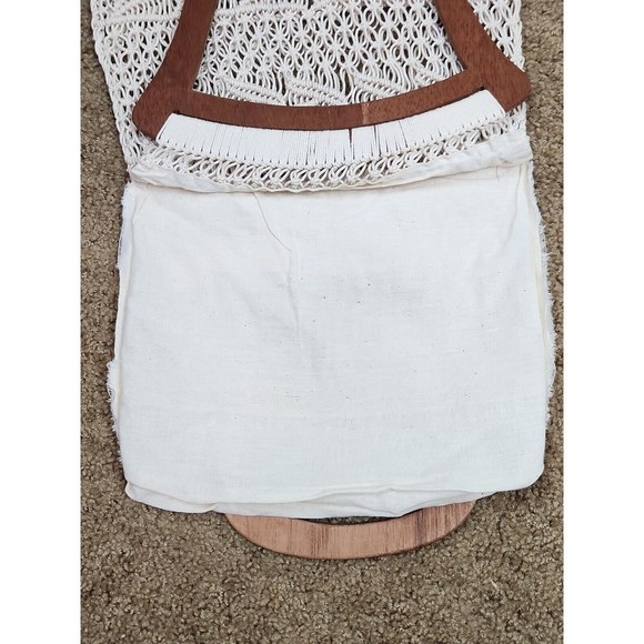 Vintage Macrame Crochet Hand Bag with Wooden Handle Cream Beachy Boho Lined - Picture 10 of 12